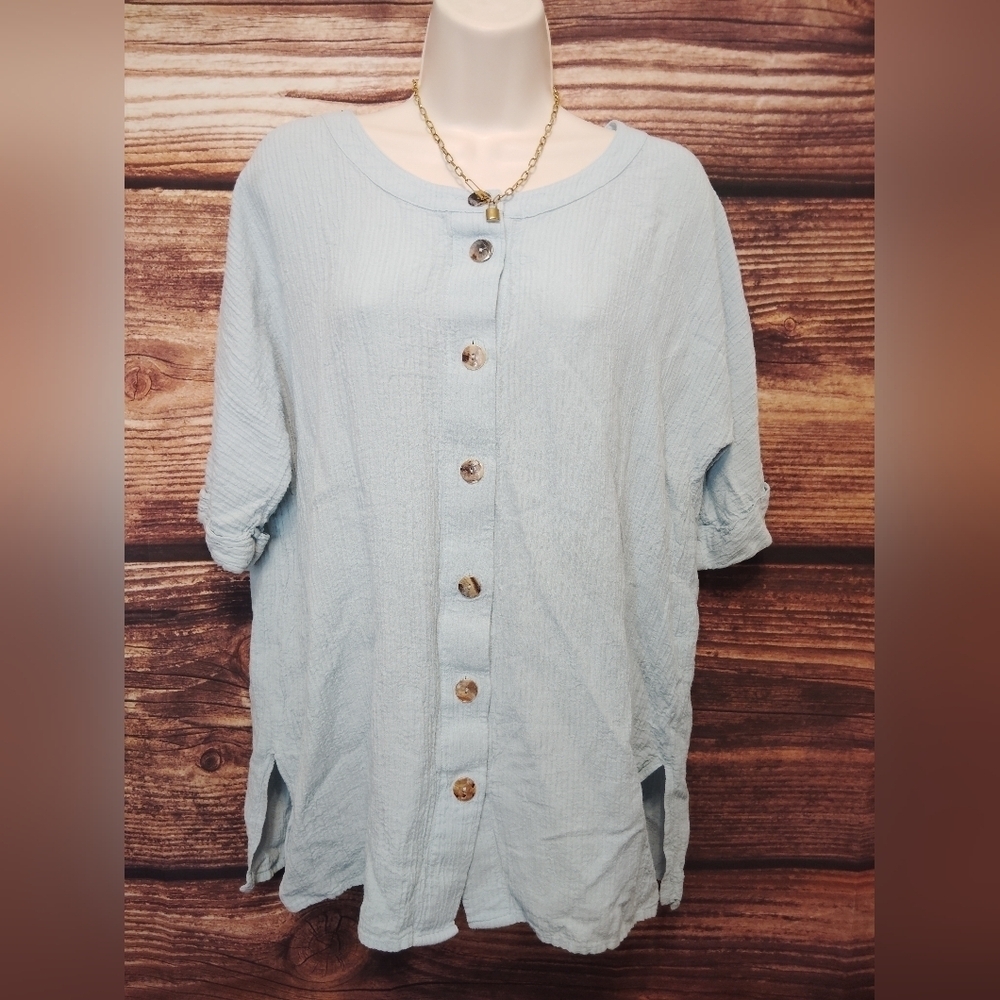 Soft Surroundings Blue Flutter Sleeve Button Down Shirt Size Small Oversized Fit